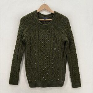 American Eagle Outfitters Sweater Womens Small Green Studded Cable Knit Crew Y2K